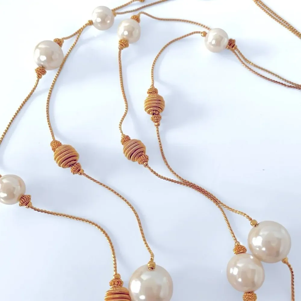 Vintage Faux Pearl Gold Coil Beehive Beaded Necklace